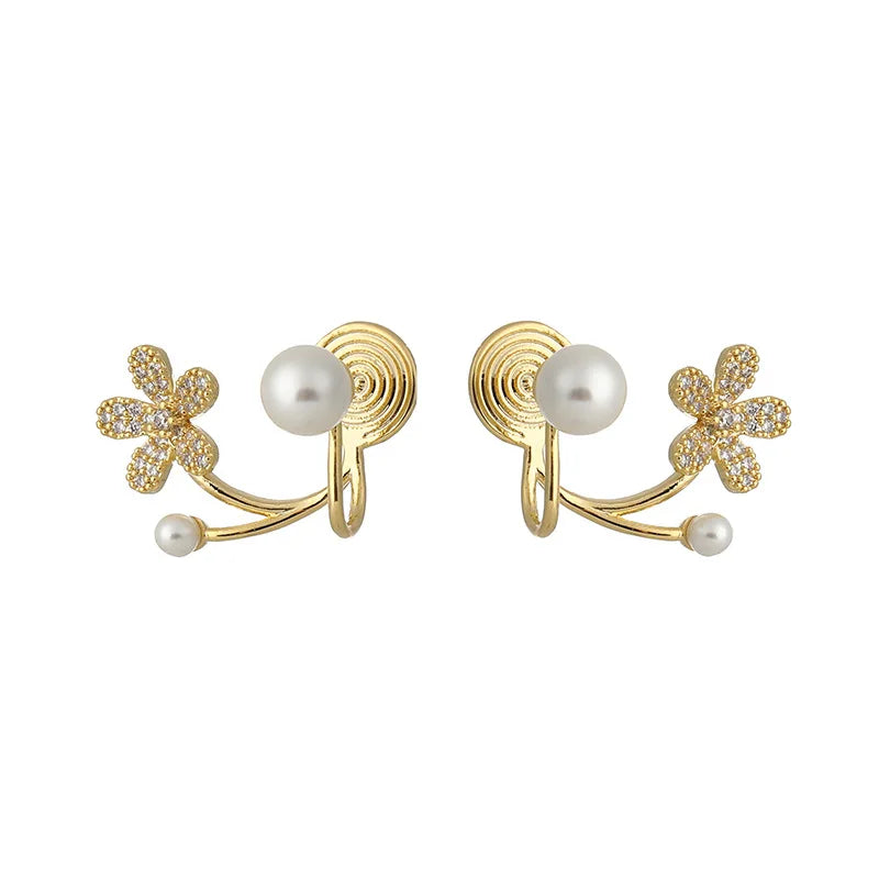 Luxury Pearl Flower Rhinestone Spiral Stud & Clip On No Piercing Gold Alloy Drop Women's Earrings