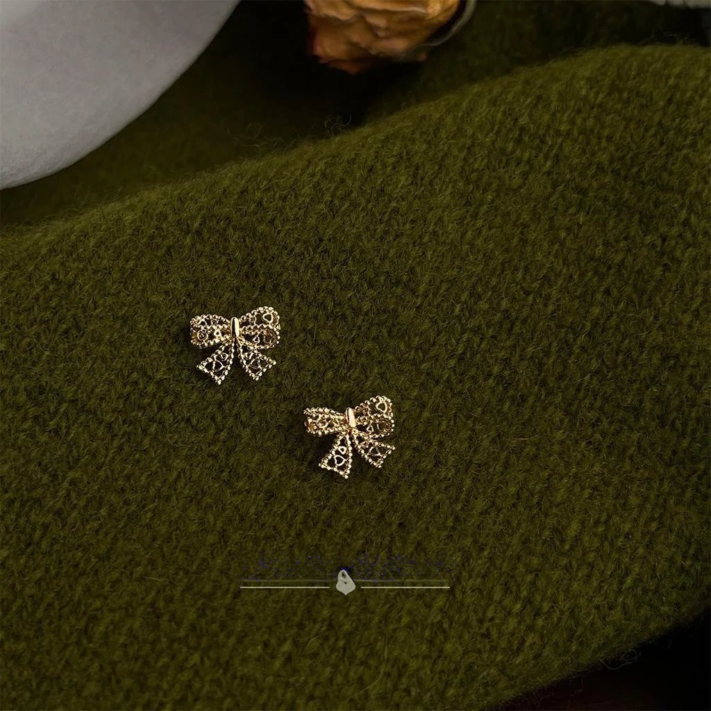 14K Gold Plated Copper Mini Hollow Bow Stud Earrings For Women