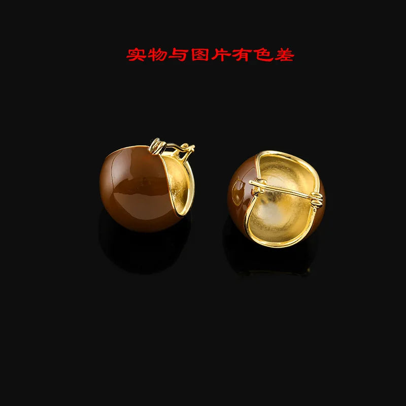Vintage Maillard Brown Glossy Enamel Ball Spiral Alloy Stud & Clip On No Piercing Women's Earrings