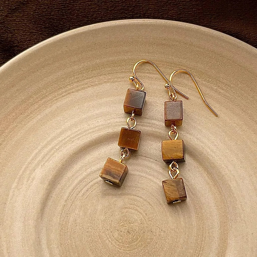 Handmade Vintage Tiger Eye Stone Irregular Geometric Square Tassel Drop Earrings