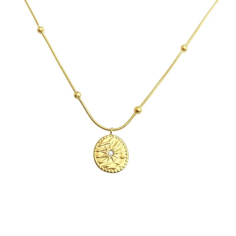 Vintage French 18K Gold Plated Stainless Steel Star Geometric Round Layering Clavicle Necklace