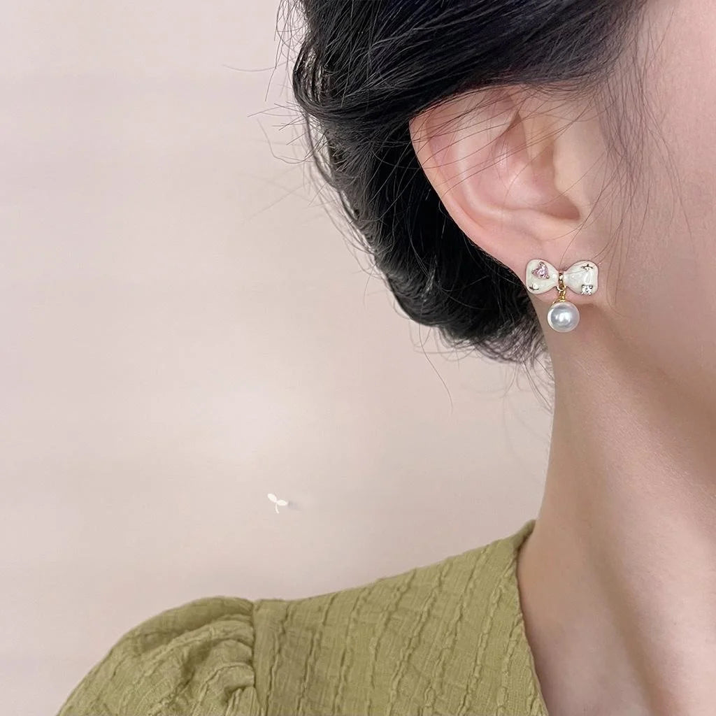 14K Gold Plated Copper Bow Stud Earrings With Micro Pave Zircon Handmade Enamel Korean Sweet Style