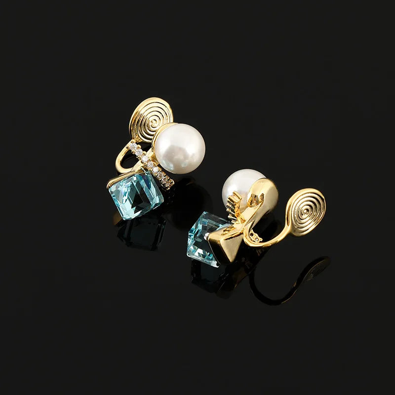 Elegant Spiral Pearl Aqua Crystal Cube Rhinestone Stud & Clip On No Piercing Earrings