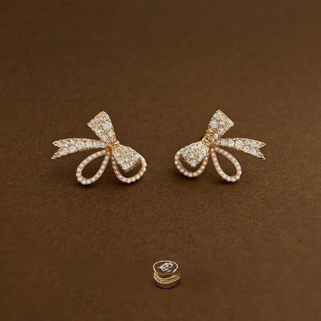 14K Electroplated Copper Bow Stud Earrings With Zircon Micro Pave Light Luxury