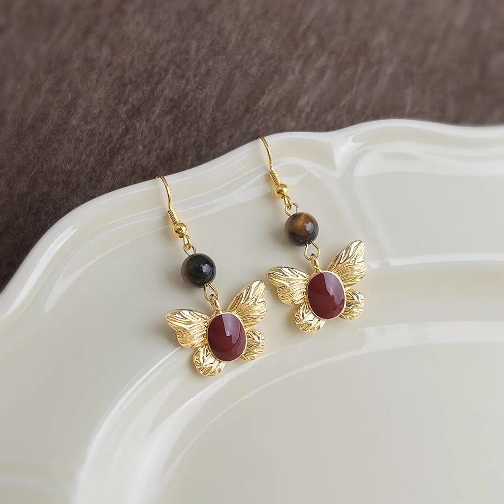Vintage Hong Kong Style Burgundy Enamel Butterfly Tiger Eye Stone Drop Earrings for Women