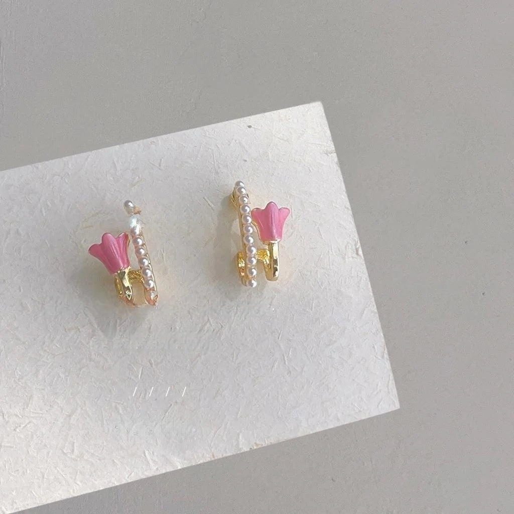 Forest Style Alloy Pink Enamel 3D Tulip Pearl Double Layer Stud Earrings