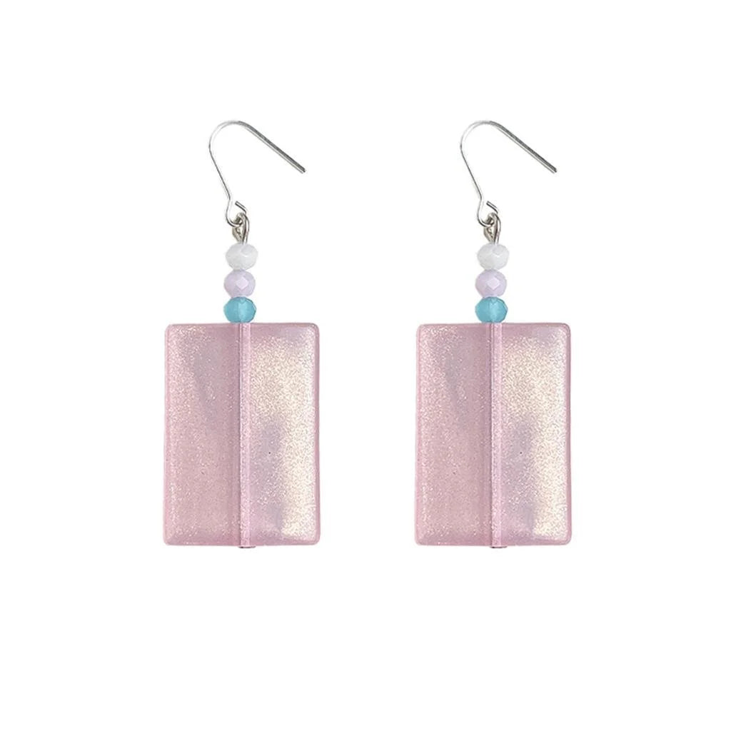 Fresh Sweet Pink Glass Crystal Geometric Rectangle Drop Earrings Vacation Style Handmade Jewelry
