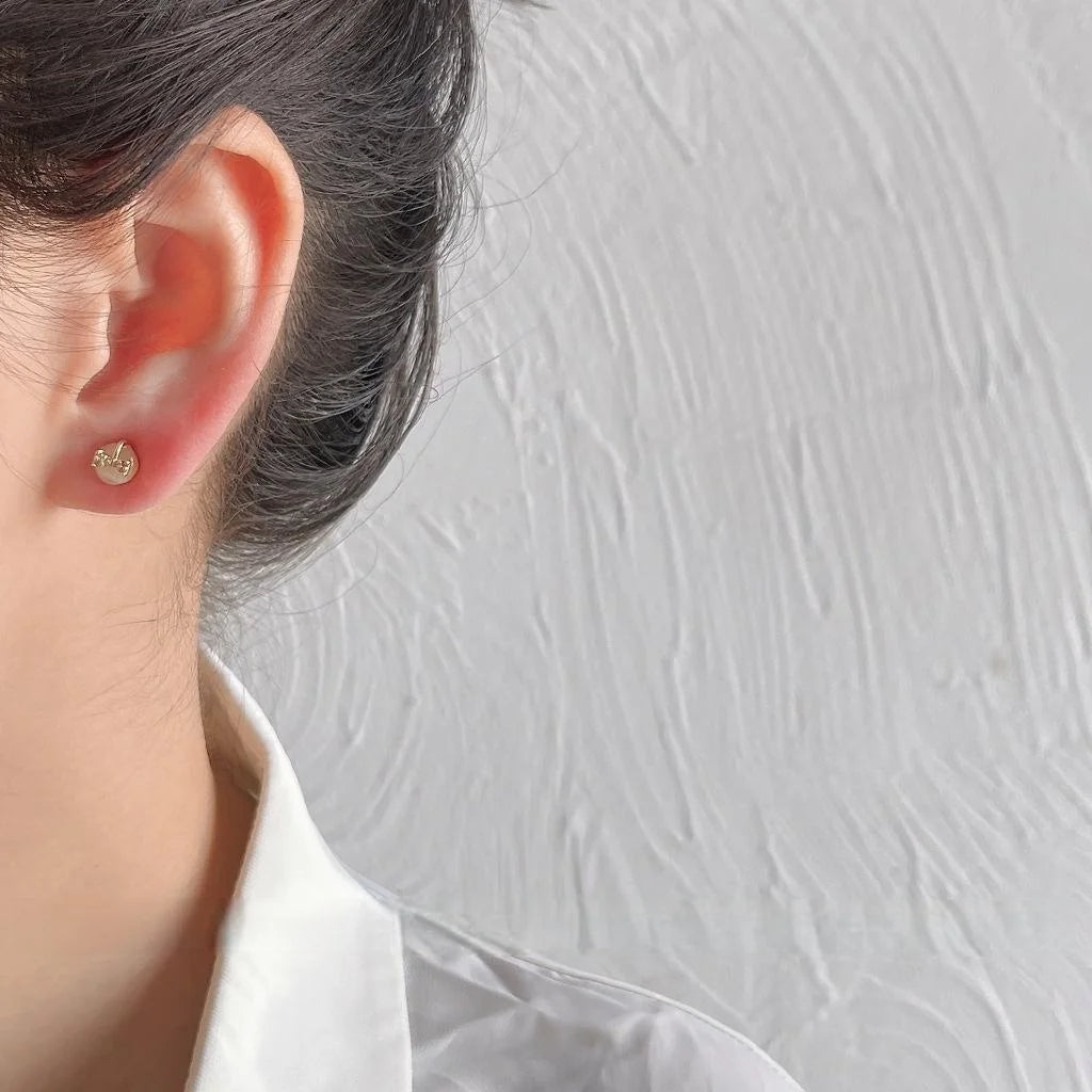 French Style Copper Glass Cat Eye Bow Stud Earrings Mini Round Geometric Fashion Jewelry