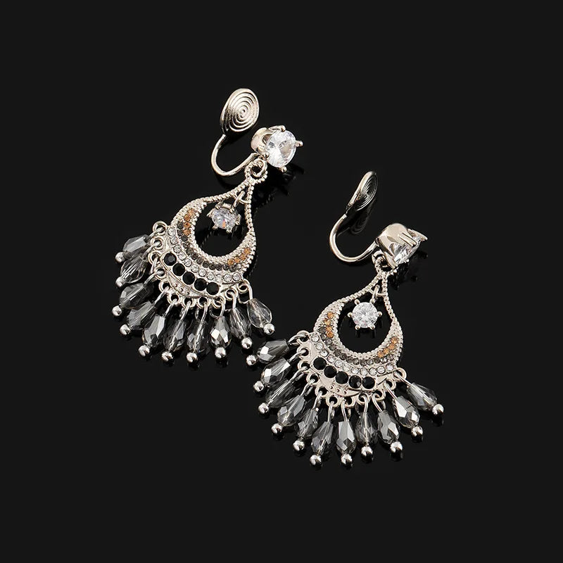 Vintage Ethnic Crescent Grey Crystal Tassel Chandelier Stud & Clip On No Piercing Earrings
