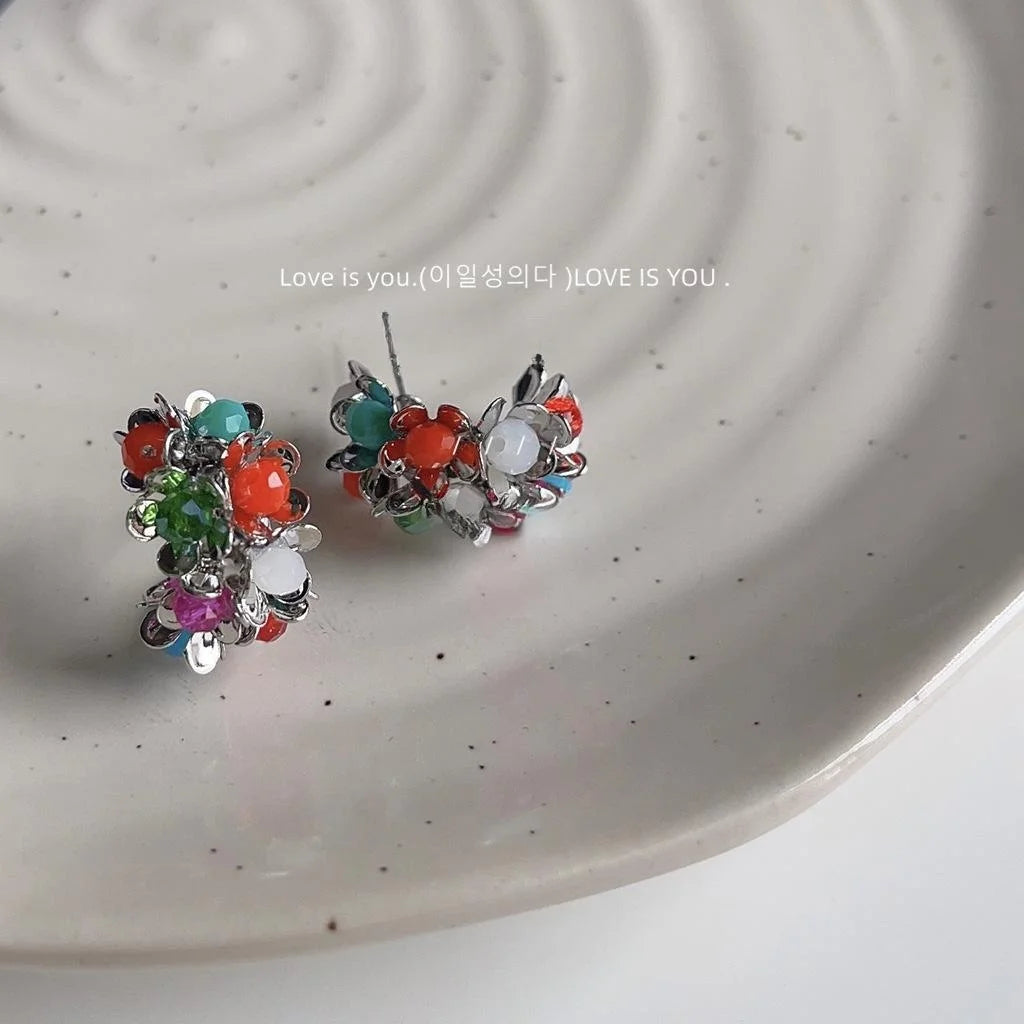 Colorful Glass Flower Hoop Earrings Copper C Shape Vacation Style Sweet Floral Jewelry