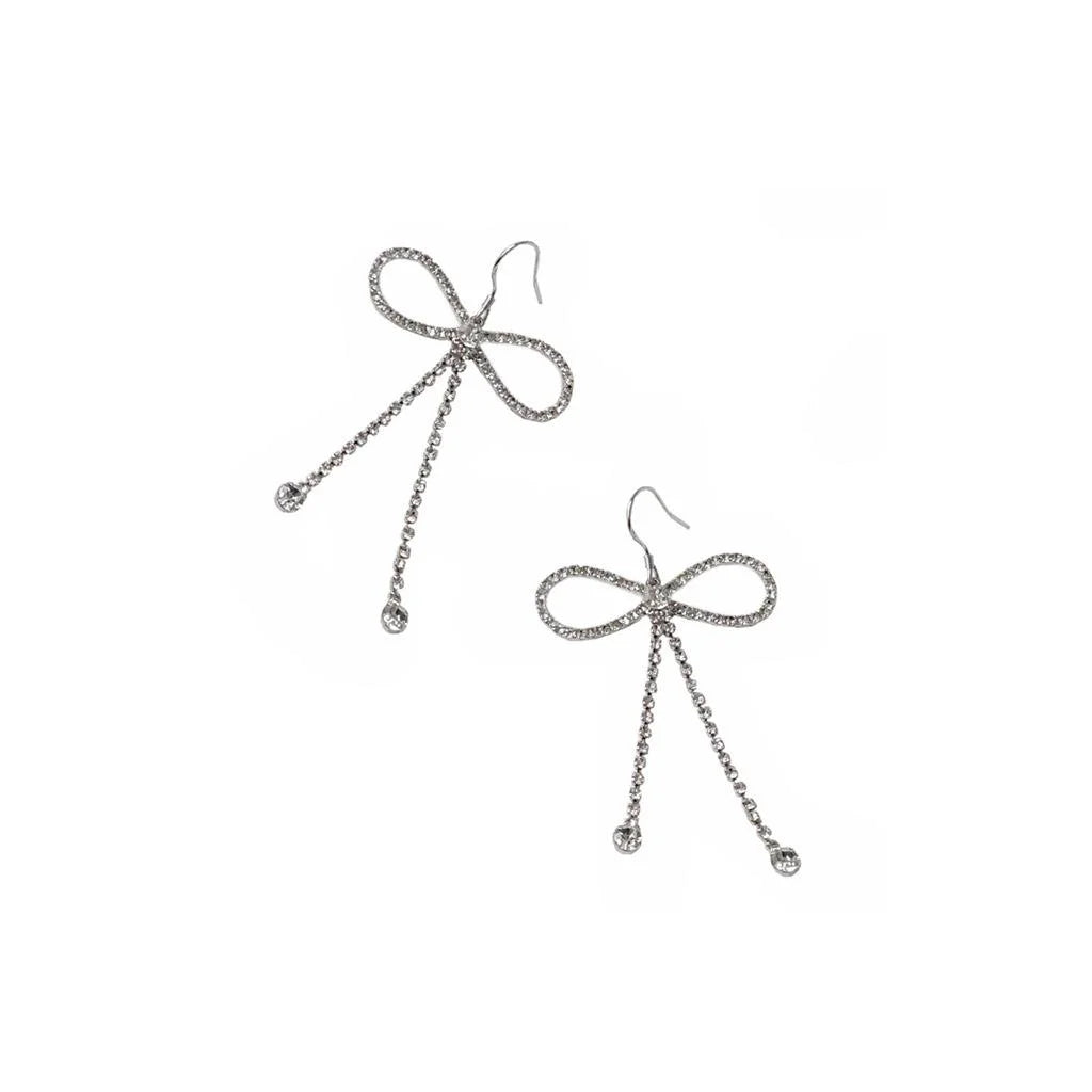 Korean Sweet Cool Copper Bow Drop Earrings With Silver Plated Pins And Rhinestone Accents