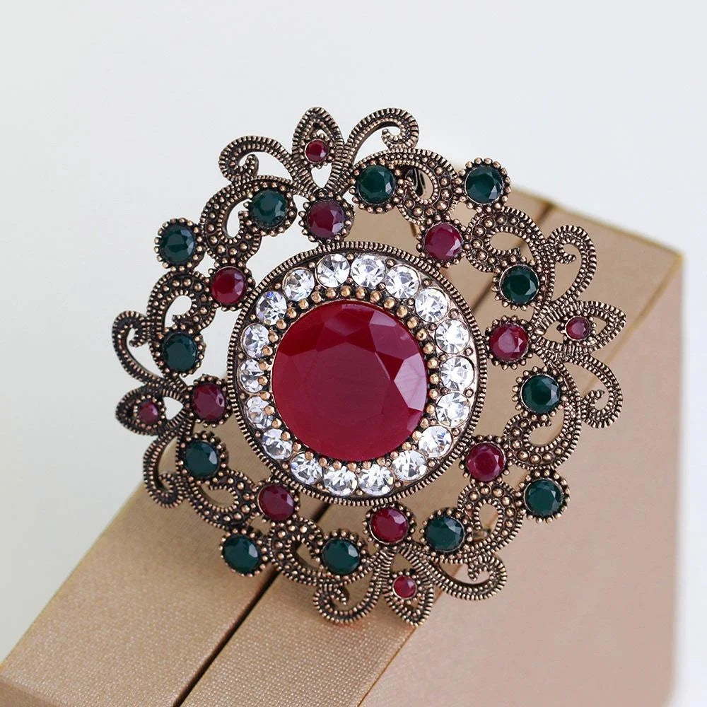 Vintage Luxury Hollow Alloy Rhinestone Brooch With Blue Crystal Center, Women's Lapel Pin Suit Accessory