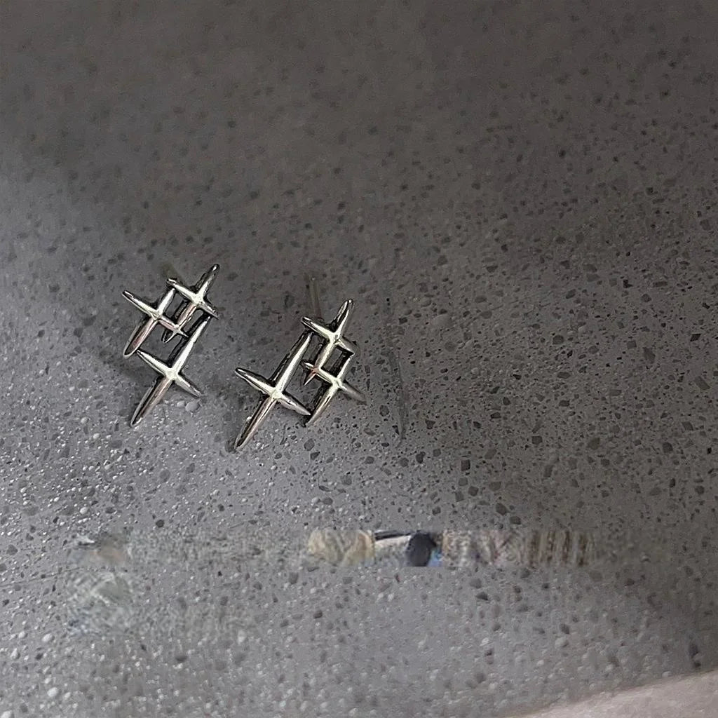 Minimalist Silver Star Stud Earrings Copper Mini Geometric Distressed Cool Style Jewelry