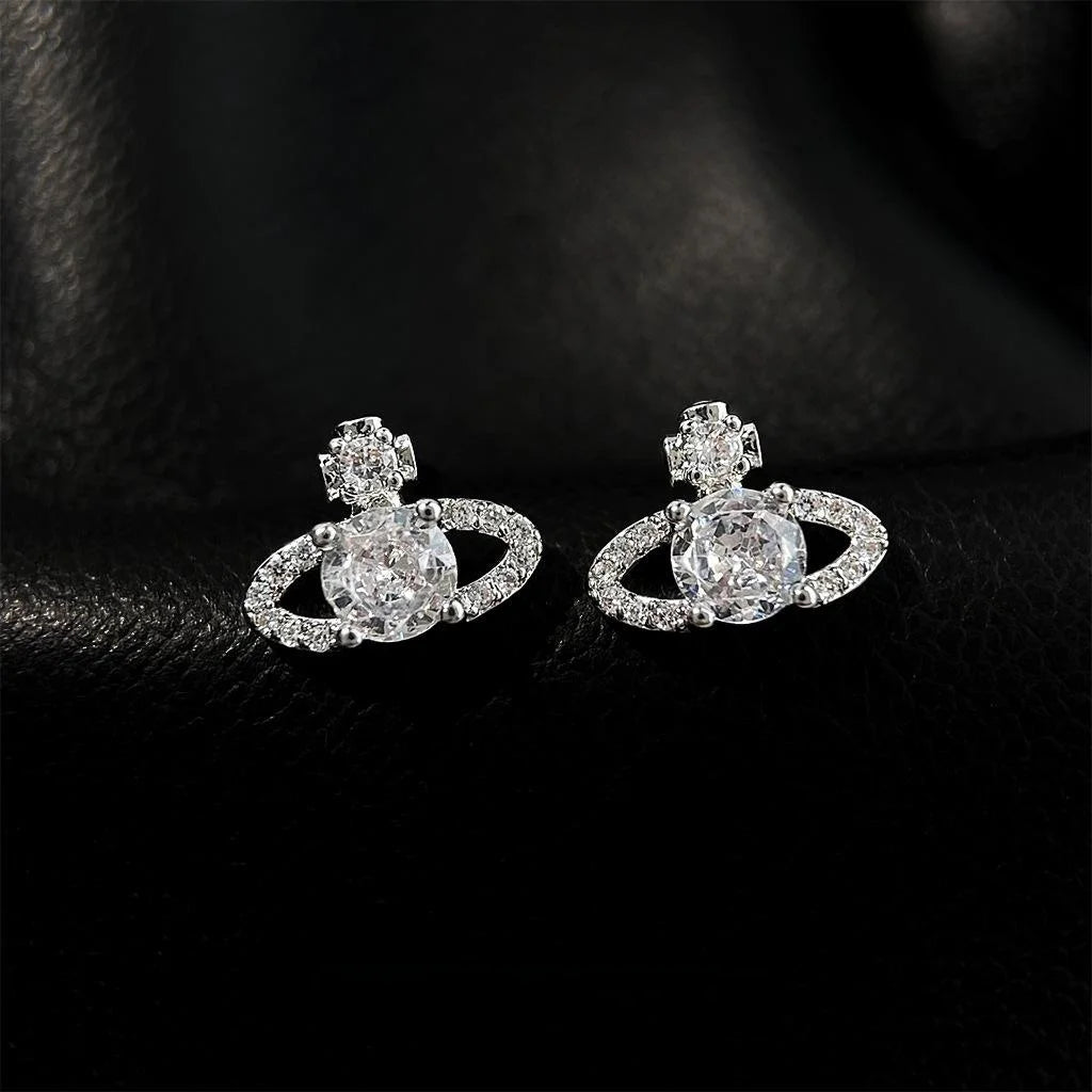 Delicate Micro Pave Zircon Saturn Stud Earrings, Geometric Ring Minimalist Style