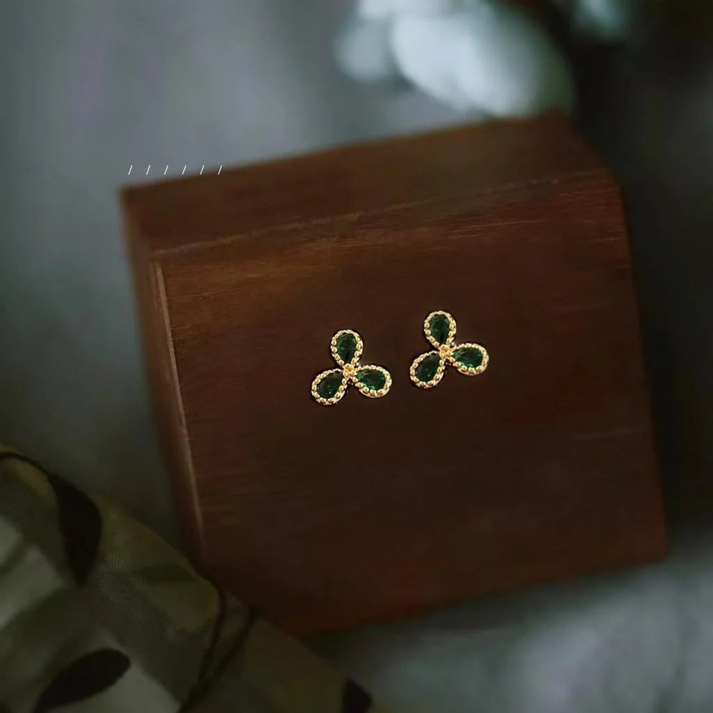 14K Gold Plated Copper Emerald Zircon Lucky Flower Mini Stud Earrings Simple Fashion Jewelry