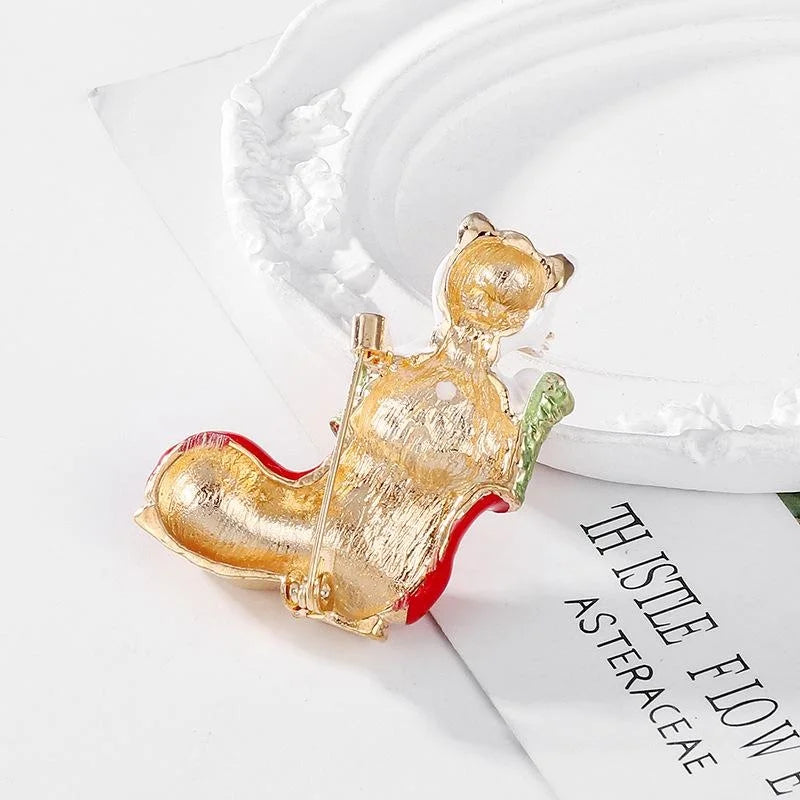Cute Enamel White Cat In Red Christmas Stocking Rhinestone Alloy Brooch Lapel Pin Corsage Gift