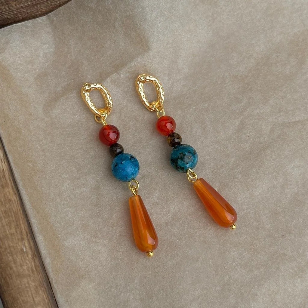 Vintage Ethnic Copper Red Agate Tiger Eye Geometric Tassel Drop Earrings