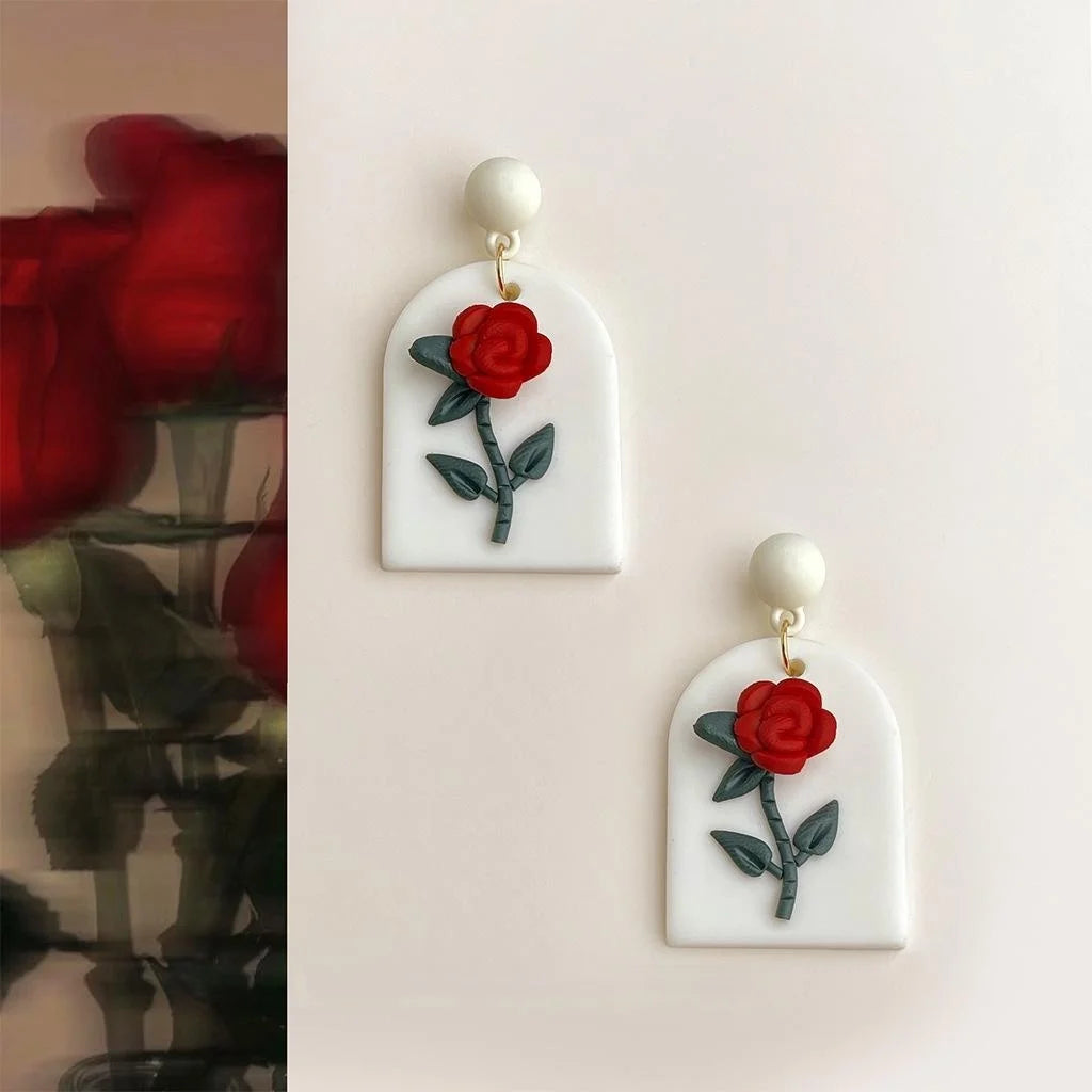 Handmade Polymer Clay Rose Flower Drop Earrings, Sweet Summer Vacation Style Jewelry