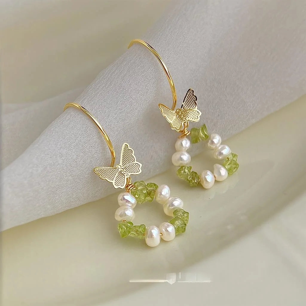 Cute Handmade Freshwater Pearl Green Olive Natural Stone Butterfly Drop Earrings For Women