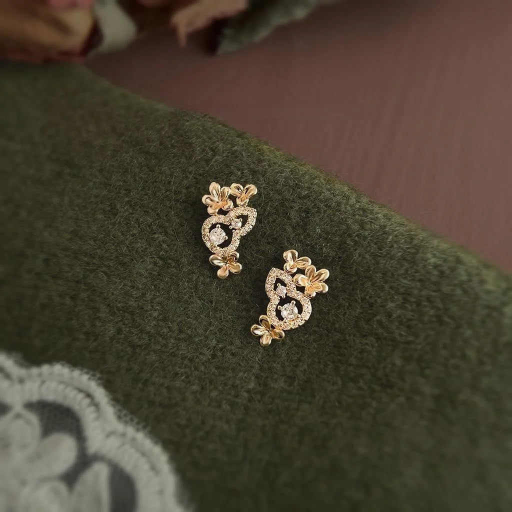 Old Money Gold Plated Copper Osmanthus Flower Gourd Zircon Stud Earrings