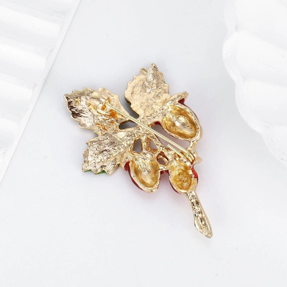 Elegant Enamel Red Berry Leaf Brooch With Rhinestone Zircon, Luxury Alloy Lapel Pin Corsage Gift