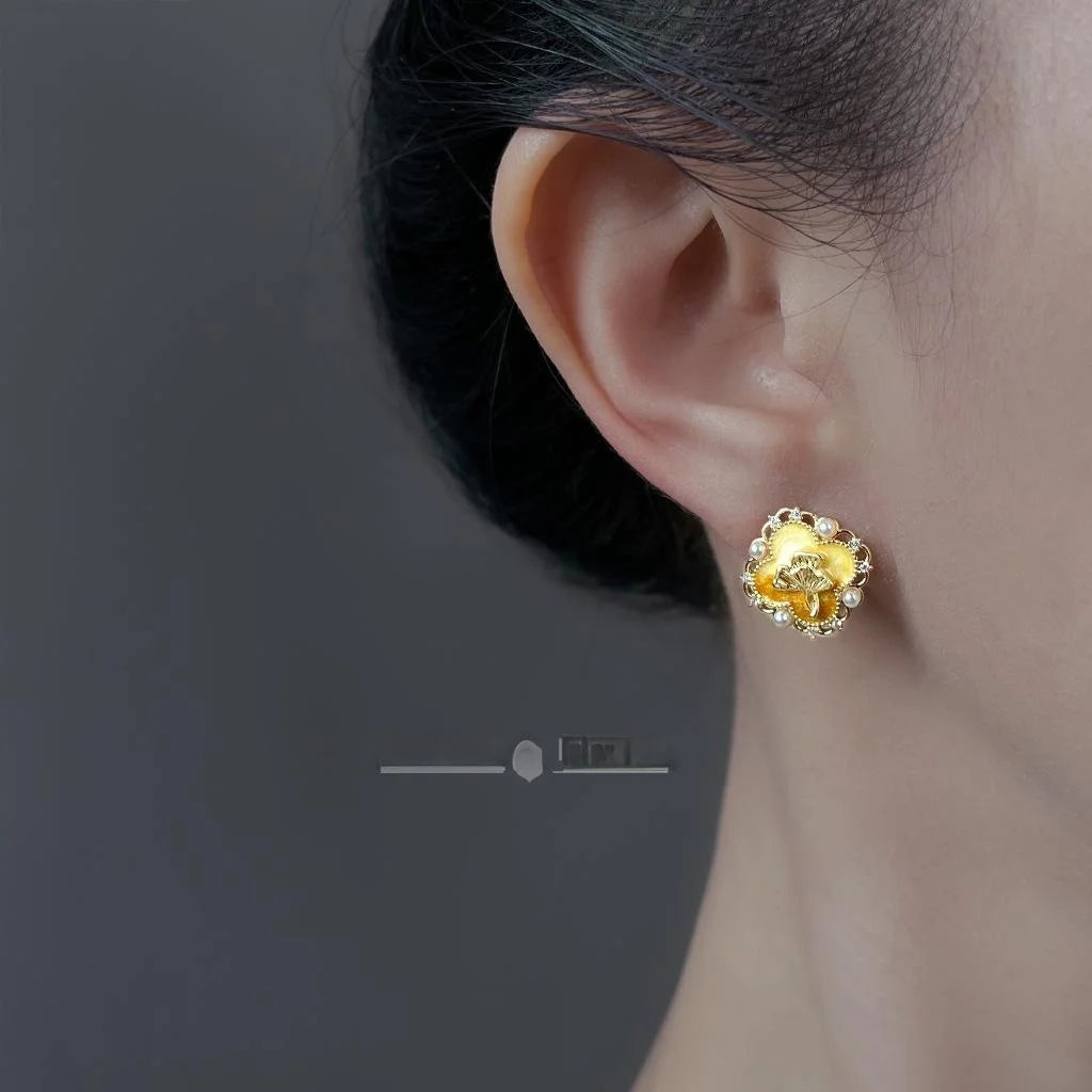 Warm Yellow Enamel Ginkgo Leaf Stud Earrings Copper Retro Maillard Floral Jewelry
