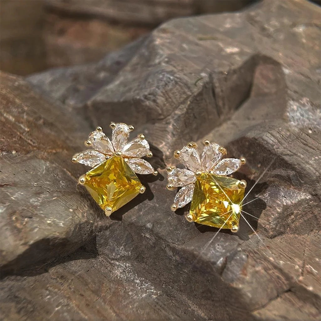 Sparkling 14K Plated Copper Zircon Flower Geometric Stud Earrings