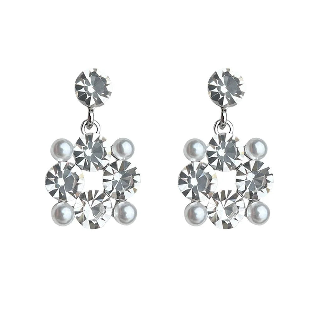 Sparkly Geometric Square Rhinestone Copper Drop Earrings, Premium Commuter Fashion Jewelry