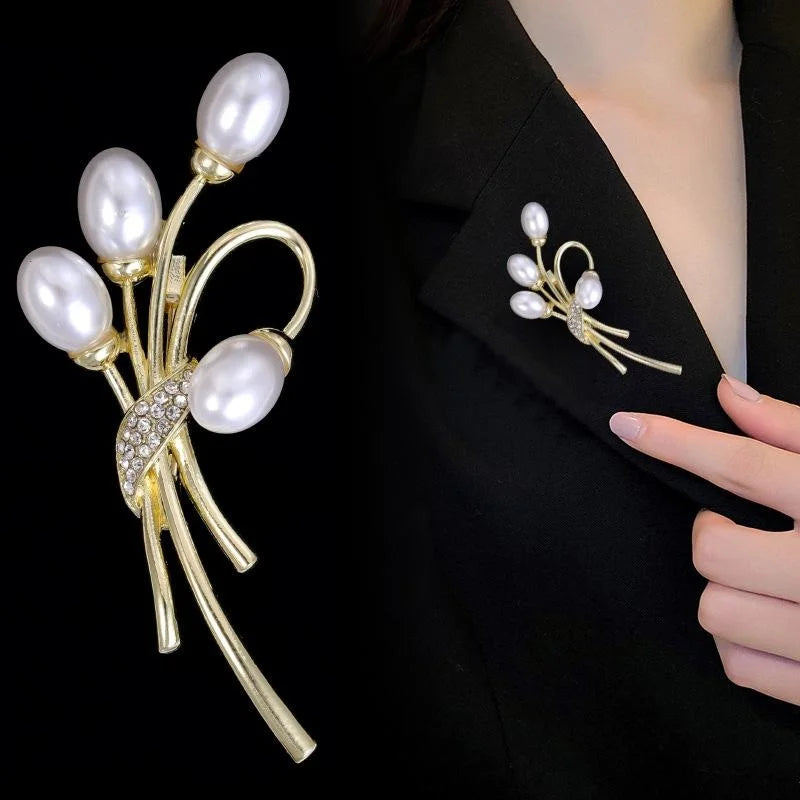 Elegant Pearl Balloon Bouquet Brooch With Gold Alloy Rhinestones, Women's Lapel Pin Corsage Gift