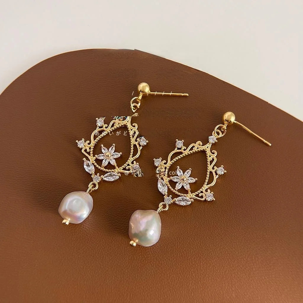 14K Gold Plated Copper Baroque Freshwater Pearl Micro Pave Zircon Geometric Tassel Drop Earrings
