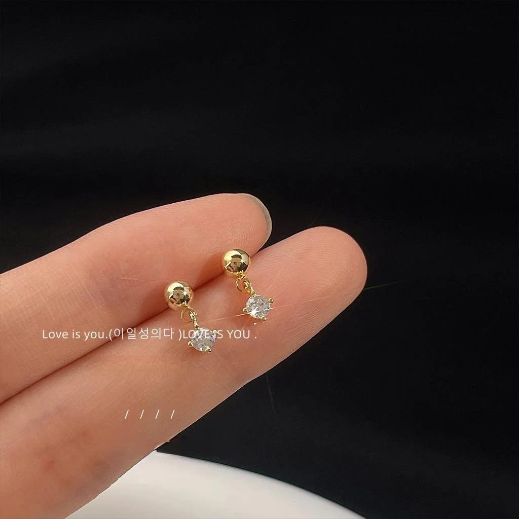 Mini 14K Gold Plated Copper Zircon Stud Earrings, Simple Geometric Round Polka Dot Jewelry