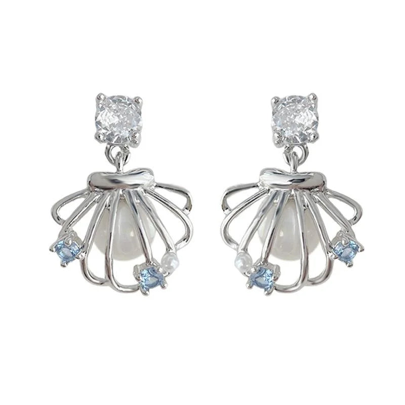 Sweet Hollow Shell Pearl Stud Earrings Copper Zircon Geometric Fresh Style Jewelry