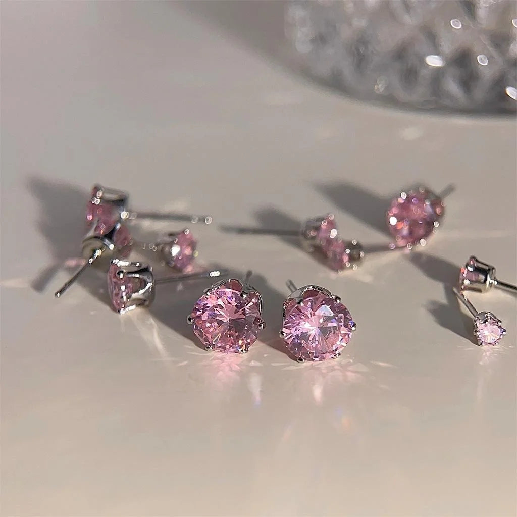 Minimalist Pink Zircon Copper Stud Earrings Geometric Round Daily Jewelry