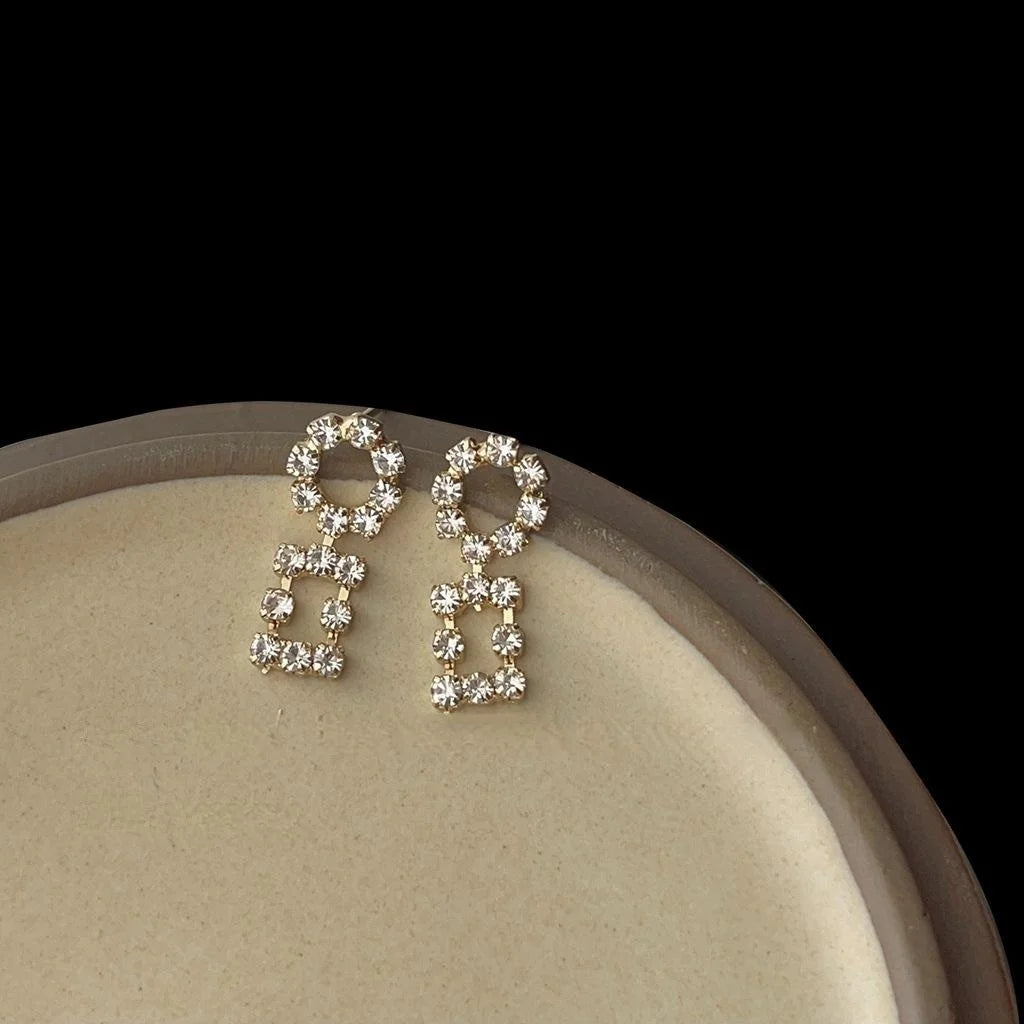 14K Gold Plated Copper Geometric Hollow Square Round Zircon Drop Earrings For Women