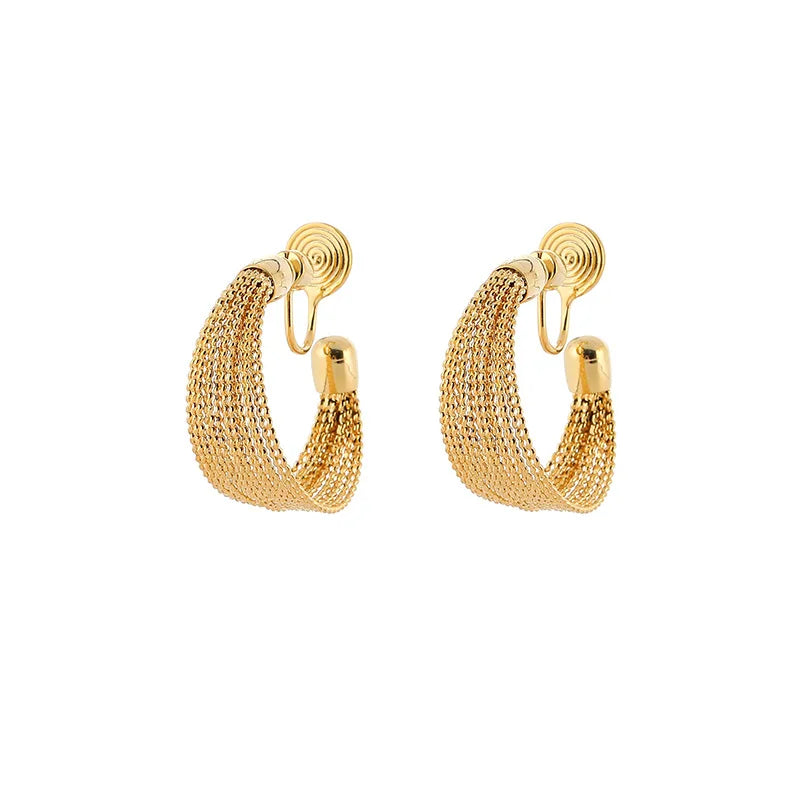 Elegant Gold Alloy Multi Layer Spiral Hoop Stud & Clip On No Piercing Chain Tassel Huggie Earrings
