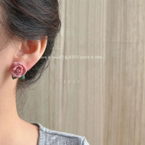 Pastoral Style Pink Ceramic Rose Flower Stud Earrings, Oil Painting Inspired Floral Jewelry