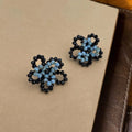 Haze Blue Handmade Woven Flower Stud Earrings Copper Glass Crystal Premium Niche Jewelry
