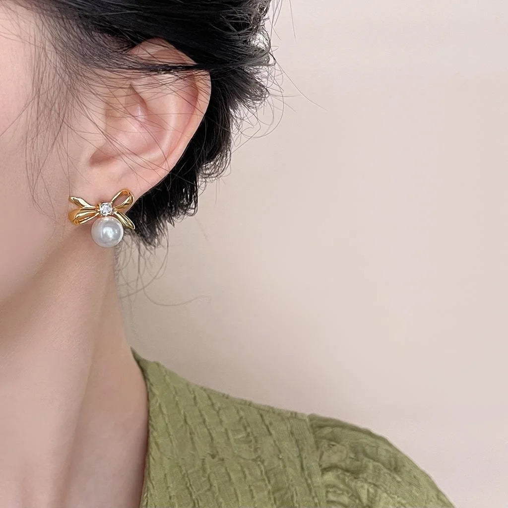 14K Gold Plated Copper Bow Stud Earrings With Glass Pearl And Micro Pave Zircon, Simple Jewelry