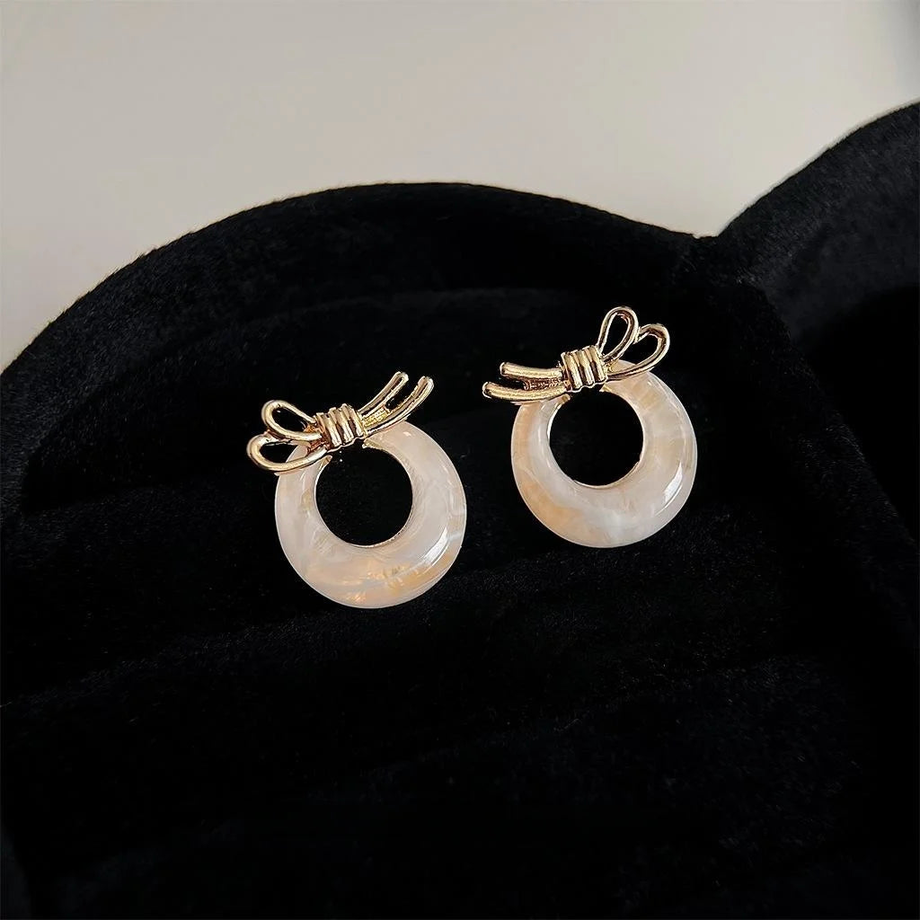 French Vintage 14K Gold Plated Resin Bow Stud Earrings Warm Gradient Round Elegant Jewelry