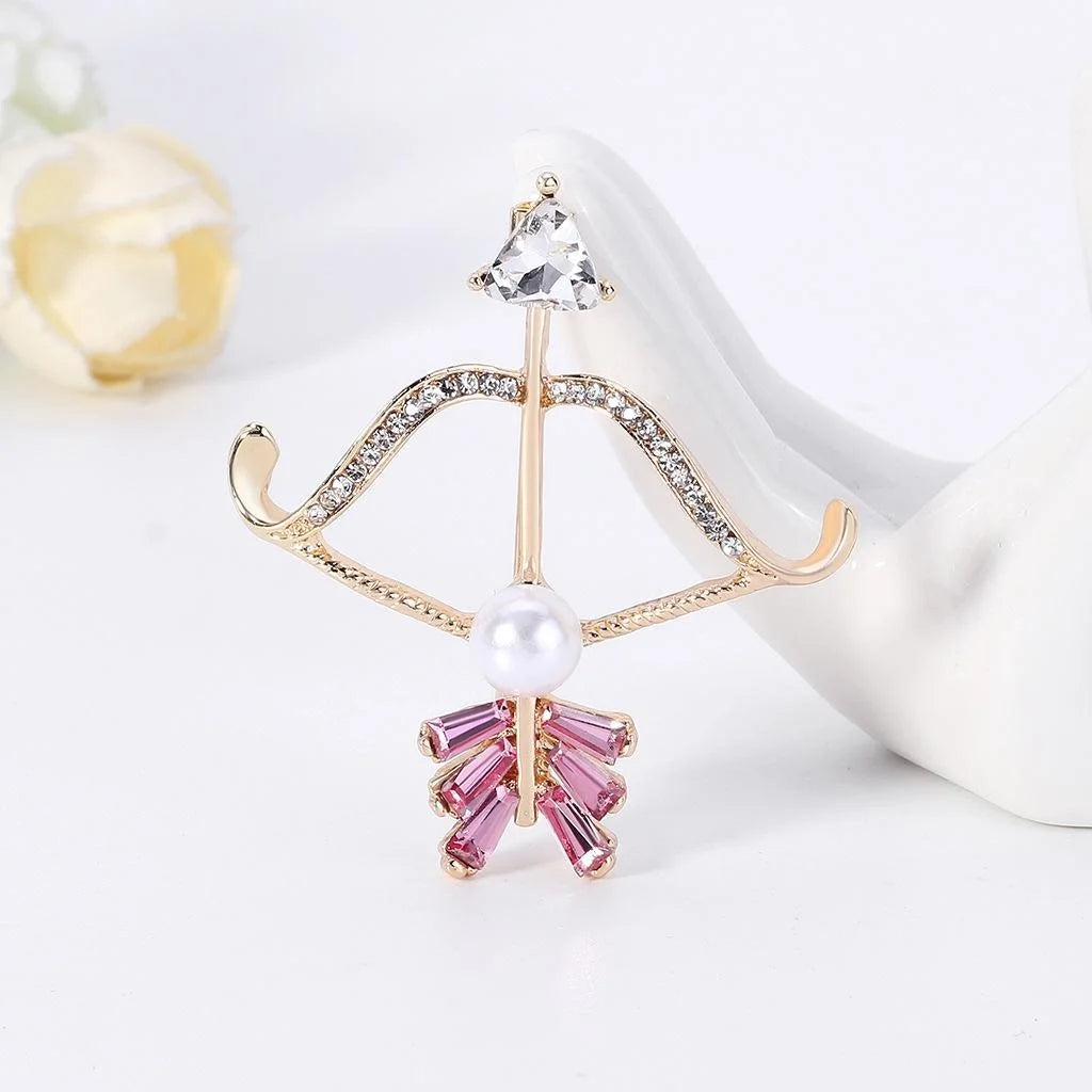 Elegant Pink Rhinestone Pearl Bow And Arrow Alloy Brooch, Korean Style Lapel Pin Corsage Gift