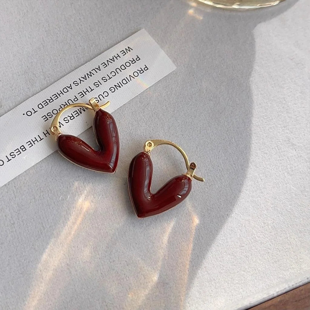 French Vintage Red Enamel Heart Drop Earrings Copper Fashion Jewelry