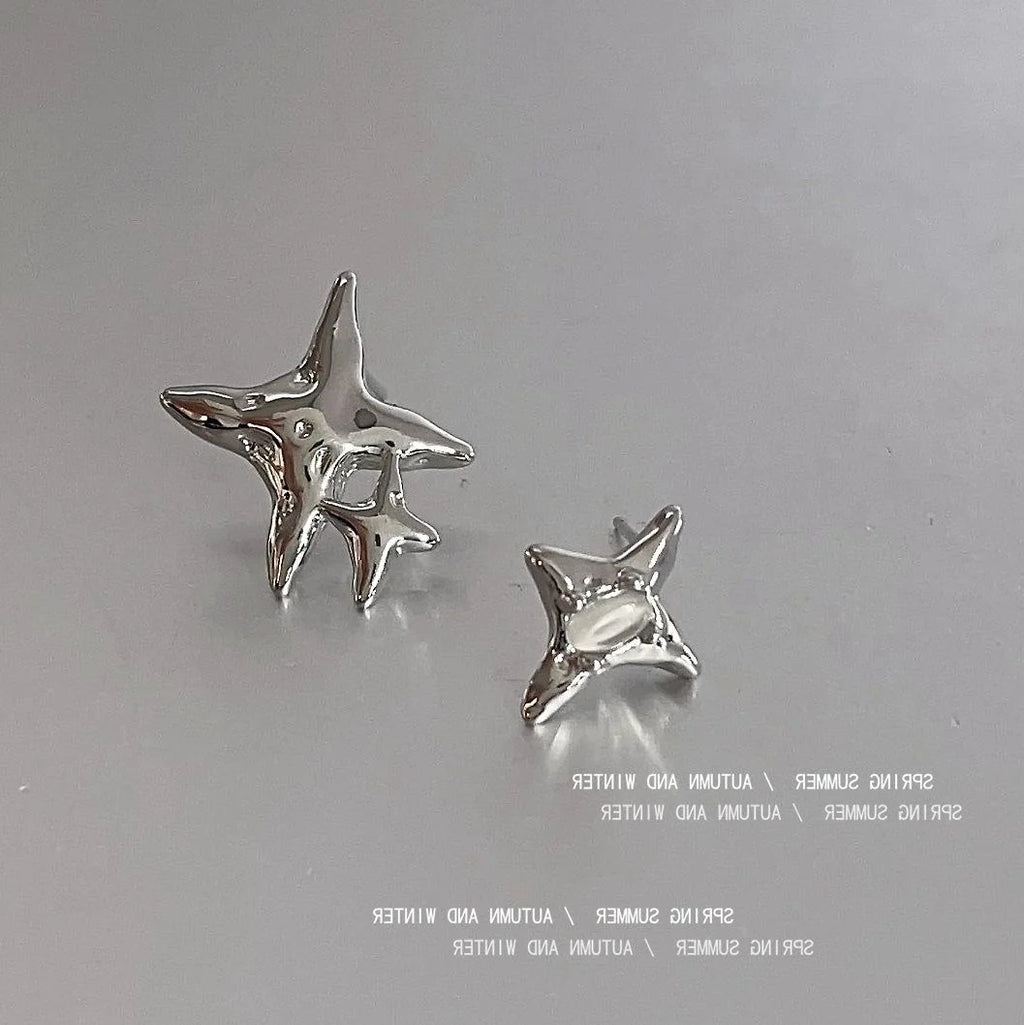 Sweet Cool Asymmetric Glass Cat Eye Five Point Star Copper Stud Earrings With Silver Plated Posts