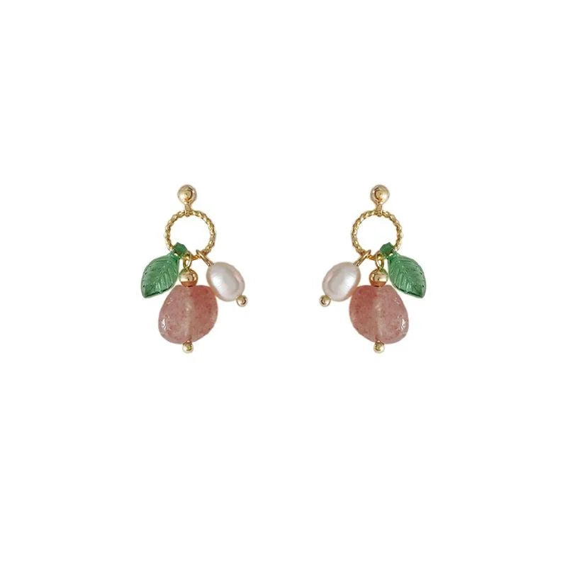 14K Gold Plated Copper Freshwater Pearl Strawberry Quartz Vintage Geometric Stud Earrings