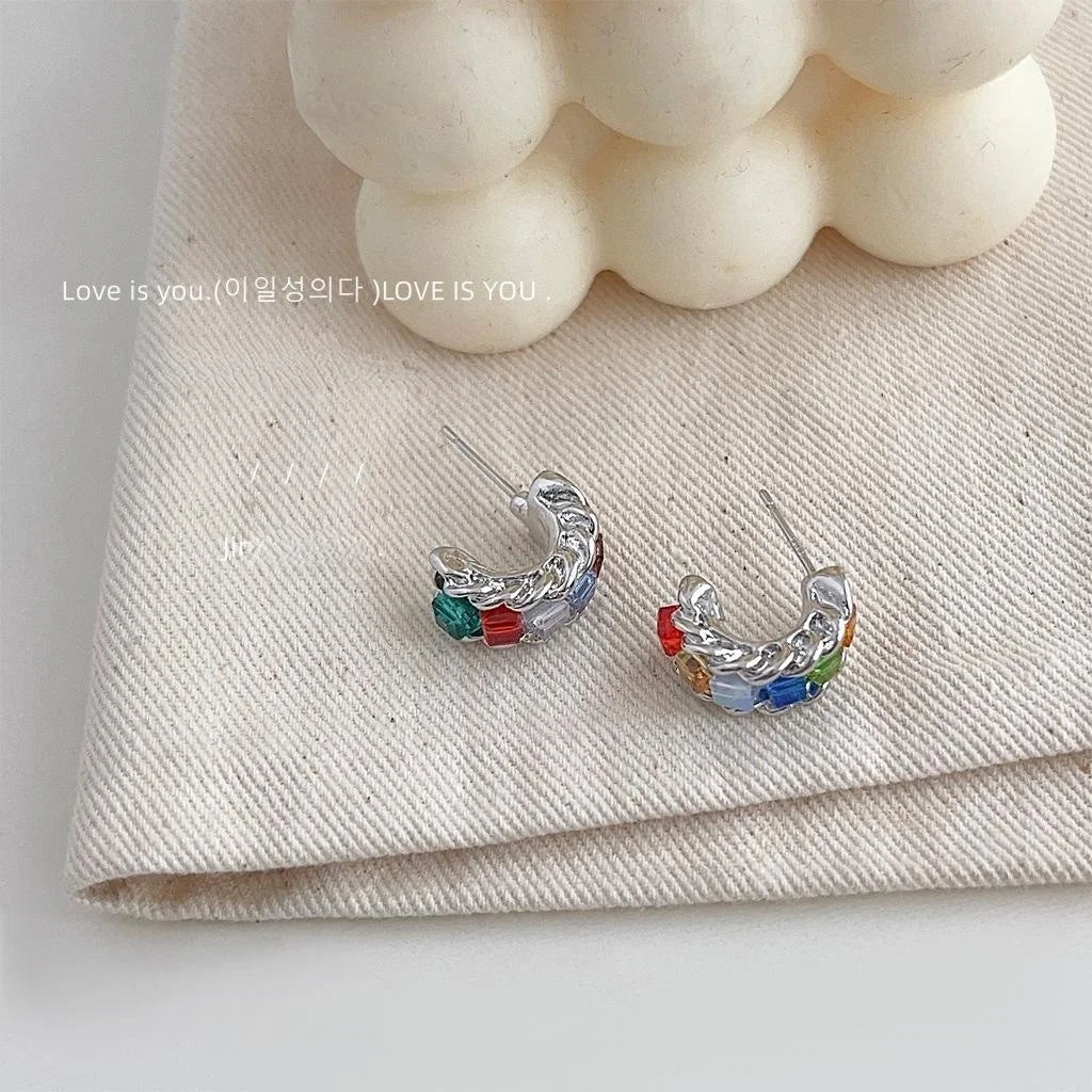 Sweet Cool Candy Color Glass Crystal C-Shaped Hoop Earrings For Women
