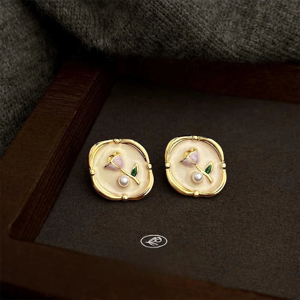 Sweet 14K Gold Plated Pearl Enamel Tulip Flower Stud Earrings