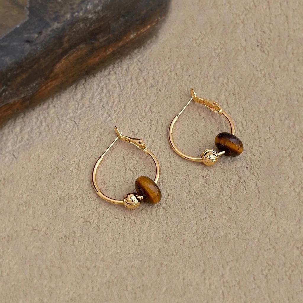 Vintage Tiger Eye Stone Copper Hoop Earrings Geometric Round Line Design
