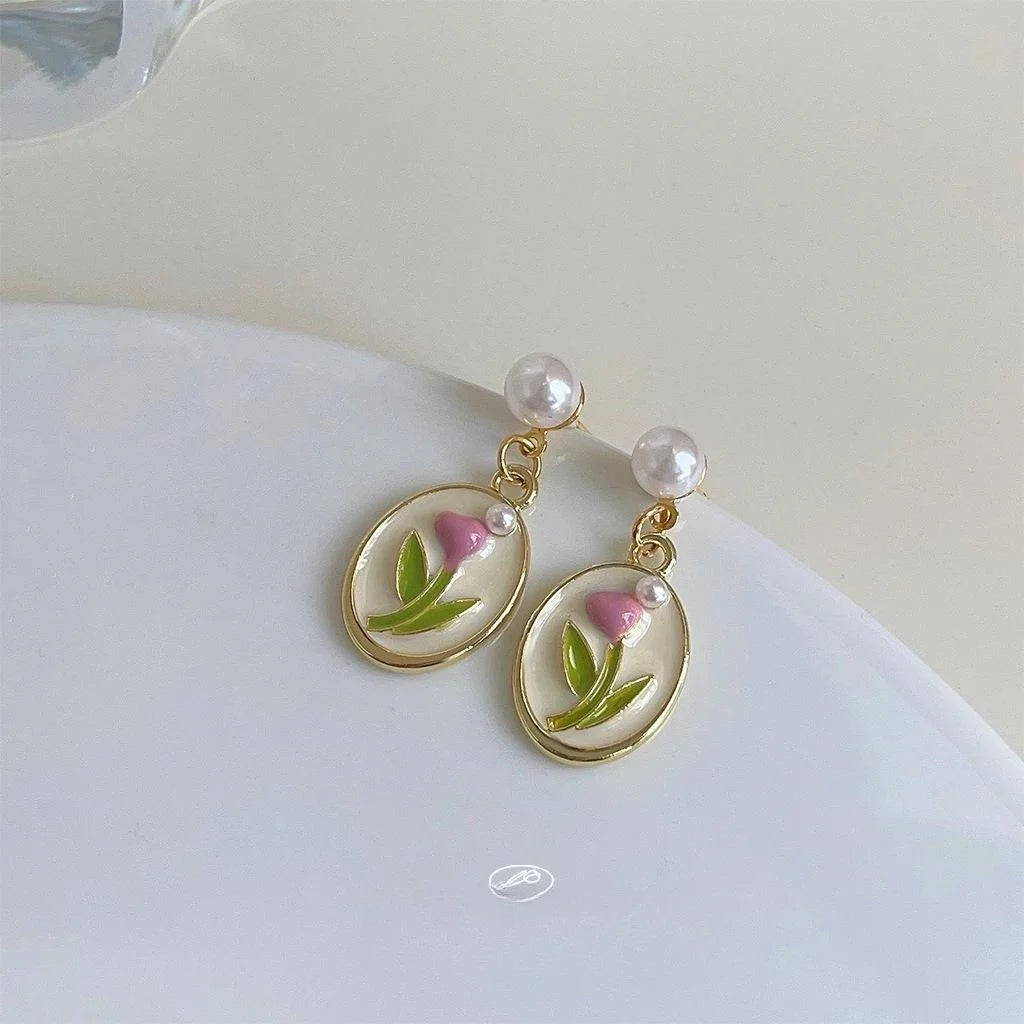 14K Gold Plated Copper Pearl Tulip Enamel Drop Earrings Forest Style Sweet Floral Jewelry