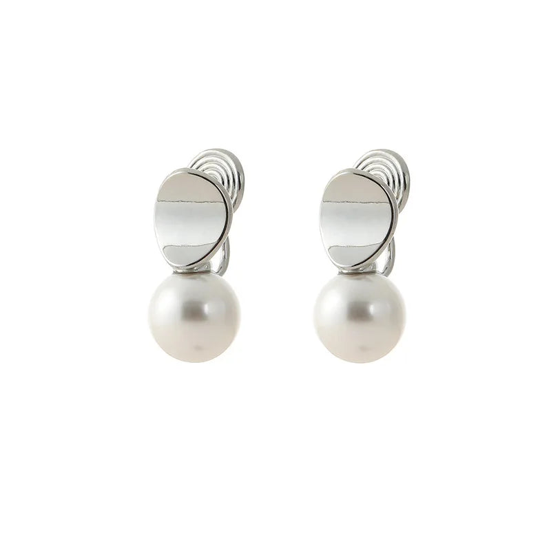 Elegant Oval Disc Faux Pearl Drop Stud & Clip On No Piercing 925 Silver Needle Korean Fashion Earrings