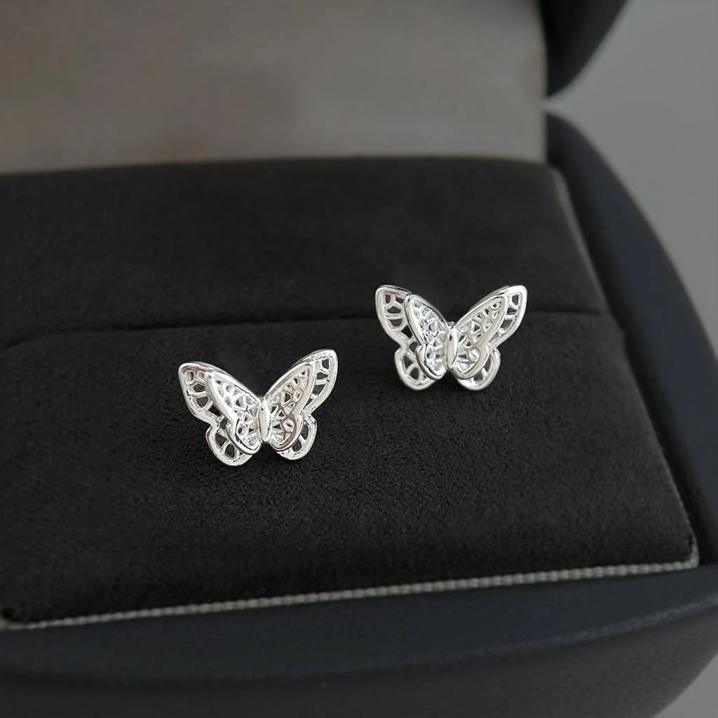 Copper Double Layer 3D Mini Butterfly Stud Earrings Hollow Sweet Chic Spring Summer Jewelry