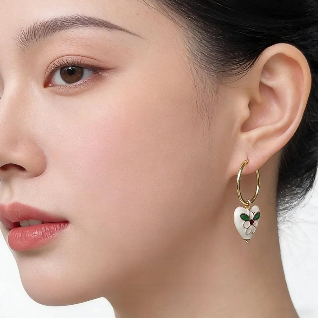 Vintage Asymmetric Heart Stud Earrings 14K Plated Copper Enamel Cloisonne Style Jewelry